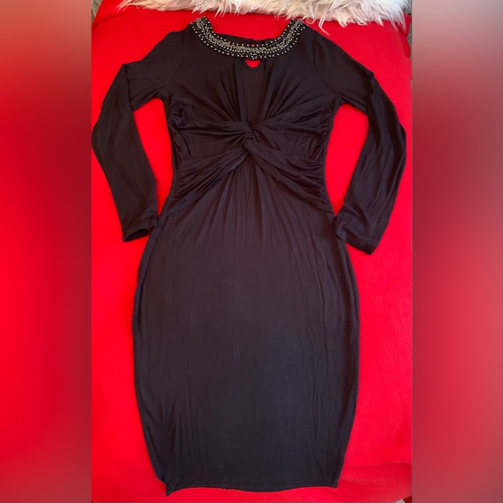 Black Beaded Long-sleeved Maxi Dress